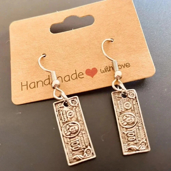 Rare Vintage Dollar Bill Metallic Silverplated Women's Fashion Dangle Earrings - Picture 2 of 3